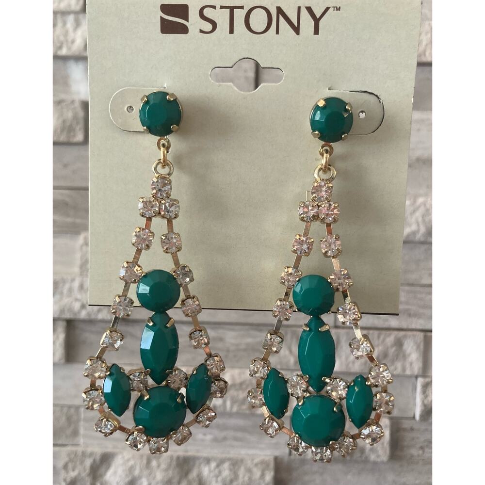 Stony Earrings Teal and Gold with Rhinestones